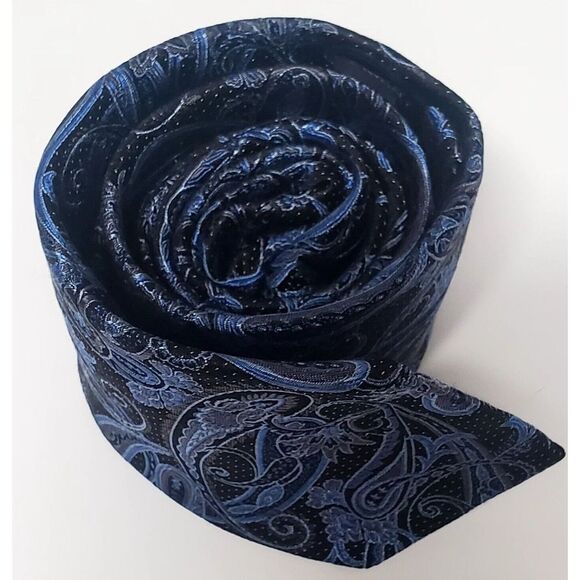 Pronto Uomo Necktie Black, Blue, and Taupe Paisley Printed Narrow 100% Silk Tie - Picture 6 of 11